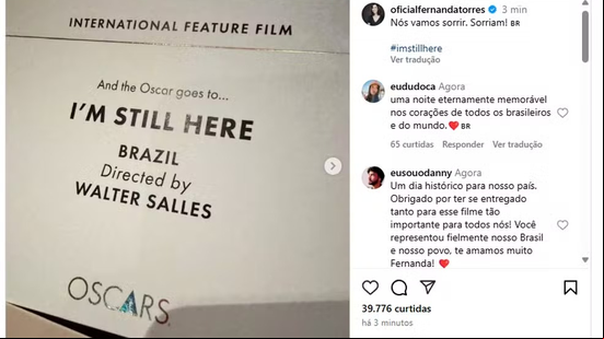 'Nós vamos sorrir', comemora Fernanda Torres após conquista de 'Ainda estou aqui' no Oscar — Foto: Reprodução/Instagram