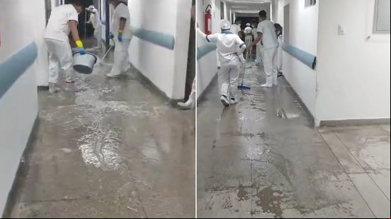 Chuva mobiliza funcionários do HGE em 'aguaceiro' no corredor do hospital - Reprodução / Redes sociais