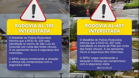 BPRv informa que trechos das rodovias estaduais em São Luís do Quitunde e Pilar estão interditadas - Divulgação / BPRv