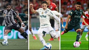 Hulk, Raphael Veiga e Alcaraz em cobranças de pênalti por Atlético-MG, Palmeiras e Flamengo | Pedro Souza / Atlético MG | Cesar Greco / Palmeiras | Agif / Folhapress