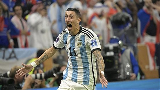 Di Maria, da Argentina, comemora seu gol marcado diante da França pela final da Copa do Mundo do Qatar 2022 | Agência Enquadrar / Folhapress